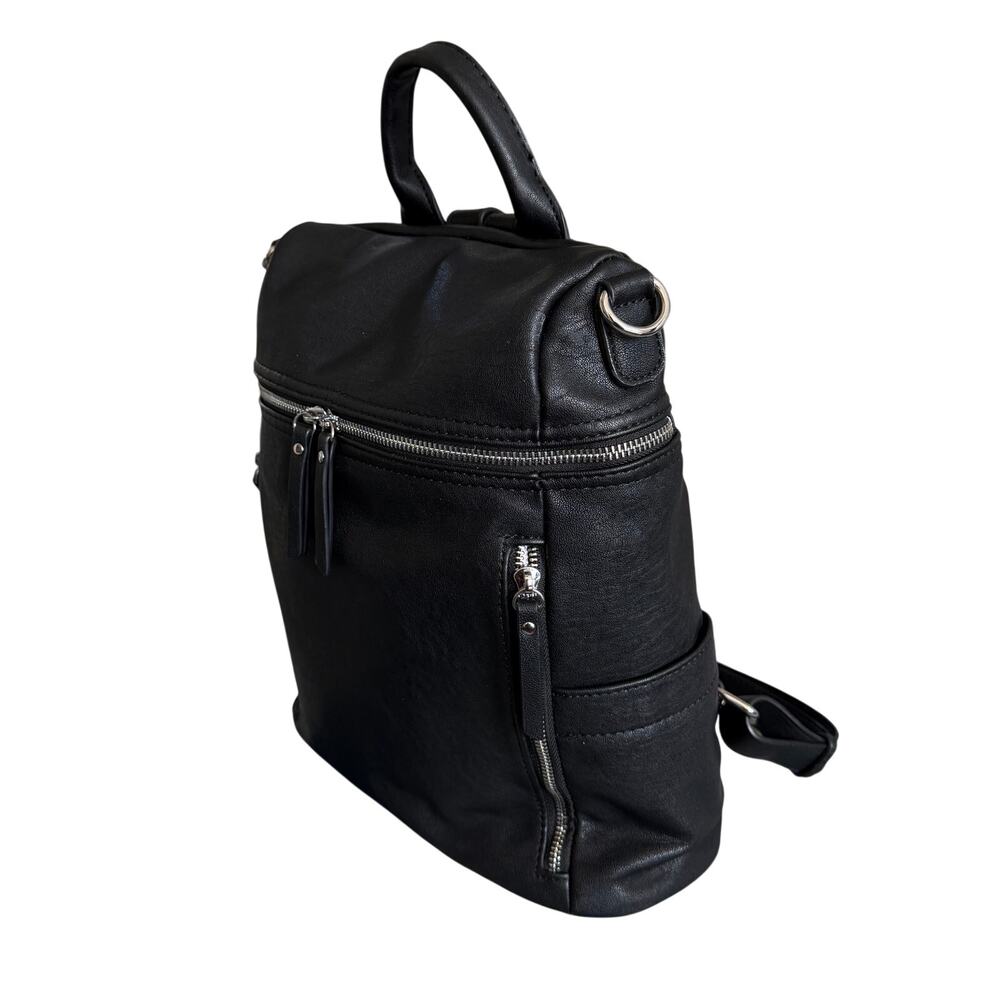 Mystique Black Faux Leather Convertible Backpack Purse with Front Zip Pockets - Picture 5 of 14